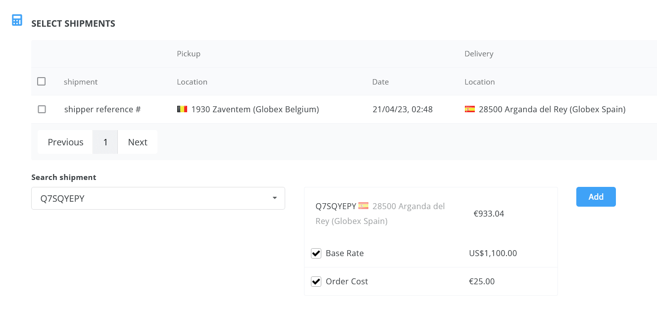 Granular shipment cost selection in invoice